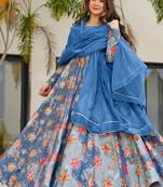 Steel blue silk digitally printed party-wear readymade gown with dupatta