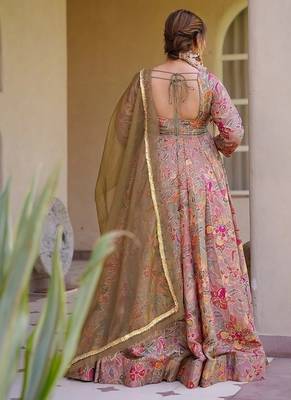 Mauve silk digitally printed party-wear readymade gown with dupatta 4