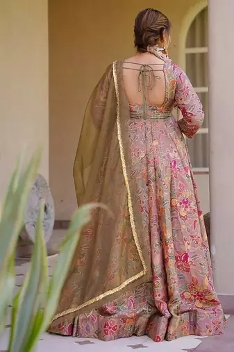 Mauve silk digitally printed party-wear readymade gown with dupatta