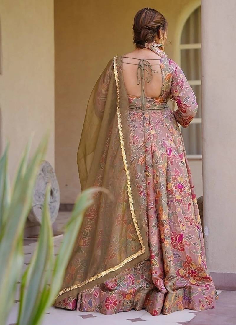 Mauve silk digitally printed party-wear readymade gown with dupatta