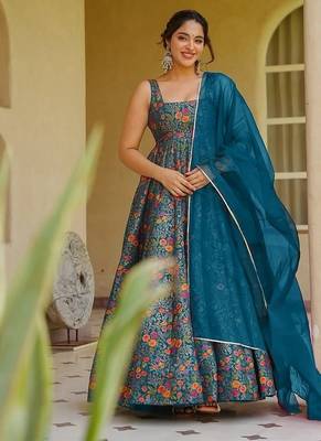Sea blue silk digitally printed party-wear readymade gown with dupatta 1
