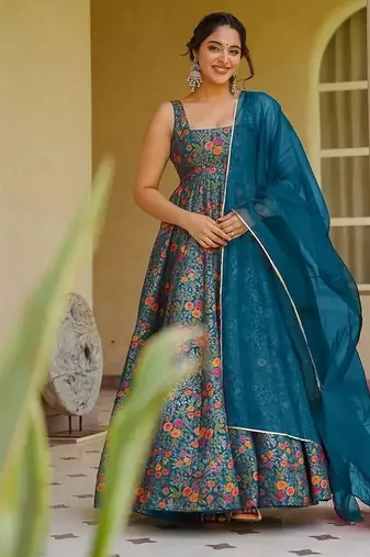 Sea blue silk digitally printed party-wear readymade gown with dupatta