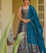Sea blue silk digitally printed party-wear readymade gown with dupatta