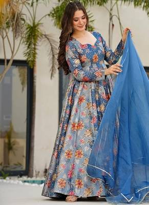 Steel blue silk digitally printed party-wear readymade gown with dupatta 2