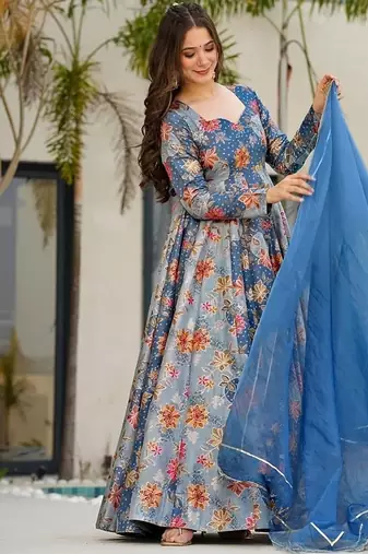 Steel blue silk digitally printed party-wear readymade gown with dupatta