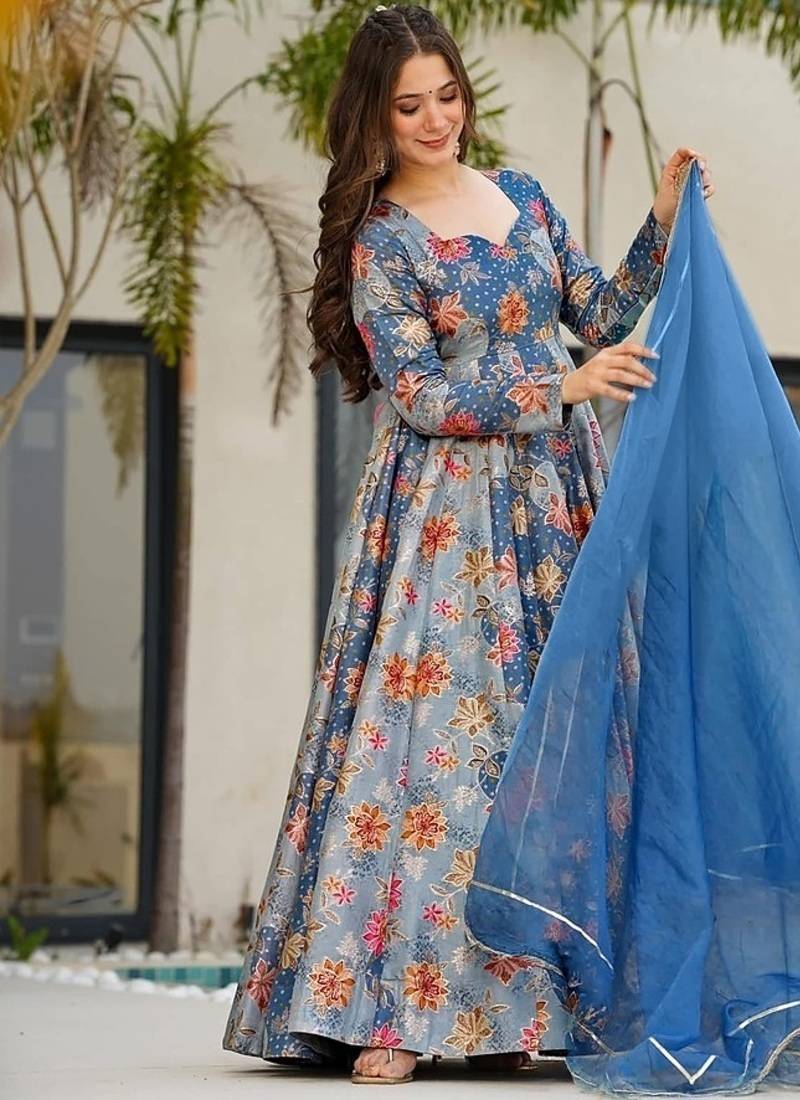Steel blue silk digitally printed party-wear readymade gown with dupatta