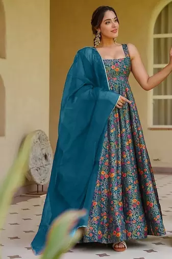 Sea blue silk digitally printed party-wear readymade gown with dupatta