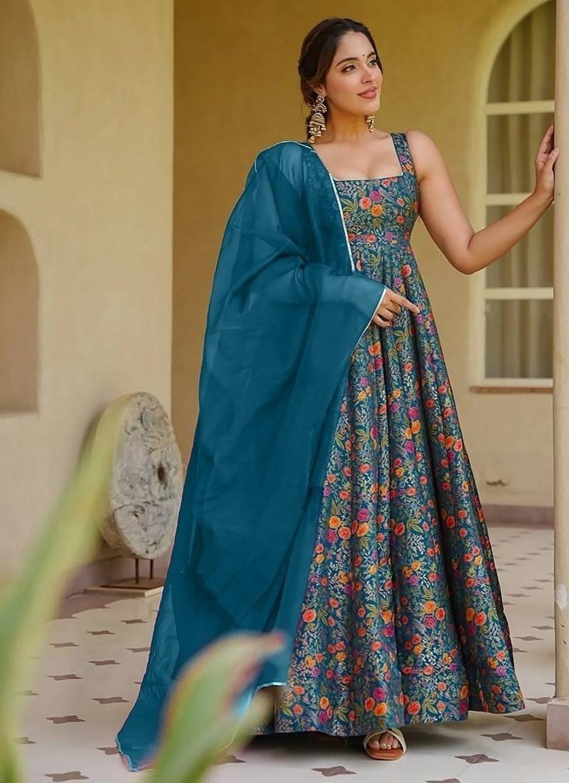 Sea blue silk digitally printed party-wear readymade gown with dupatta
