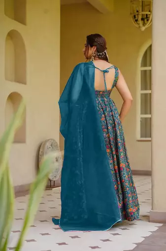 Sea blue silk digitally printed party-wear readymade gown with dupatta