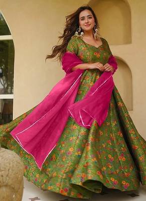 Olive green silk digitally printed party-wear readymade gown with dupatta 1