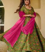 Olive green silk digitally printed party-wear readymade gown with dupatta