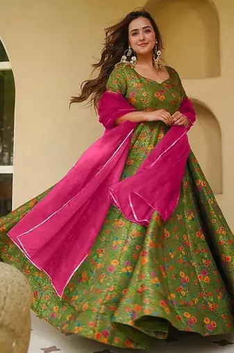 Olive green silk digitally printed party-wear readymade gown with dupatta