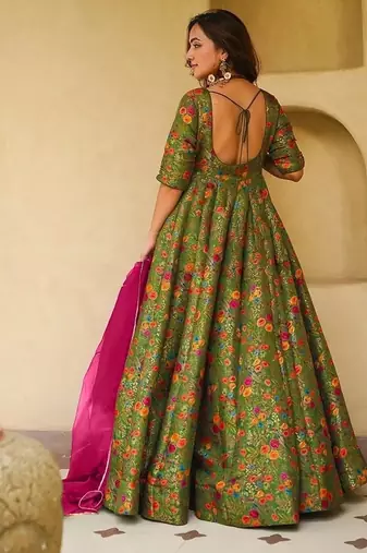 Olive green silk digitally printed party-wear readymade gown with dupatta