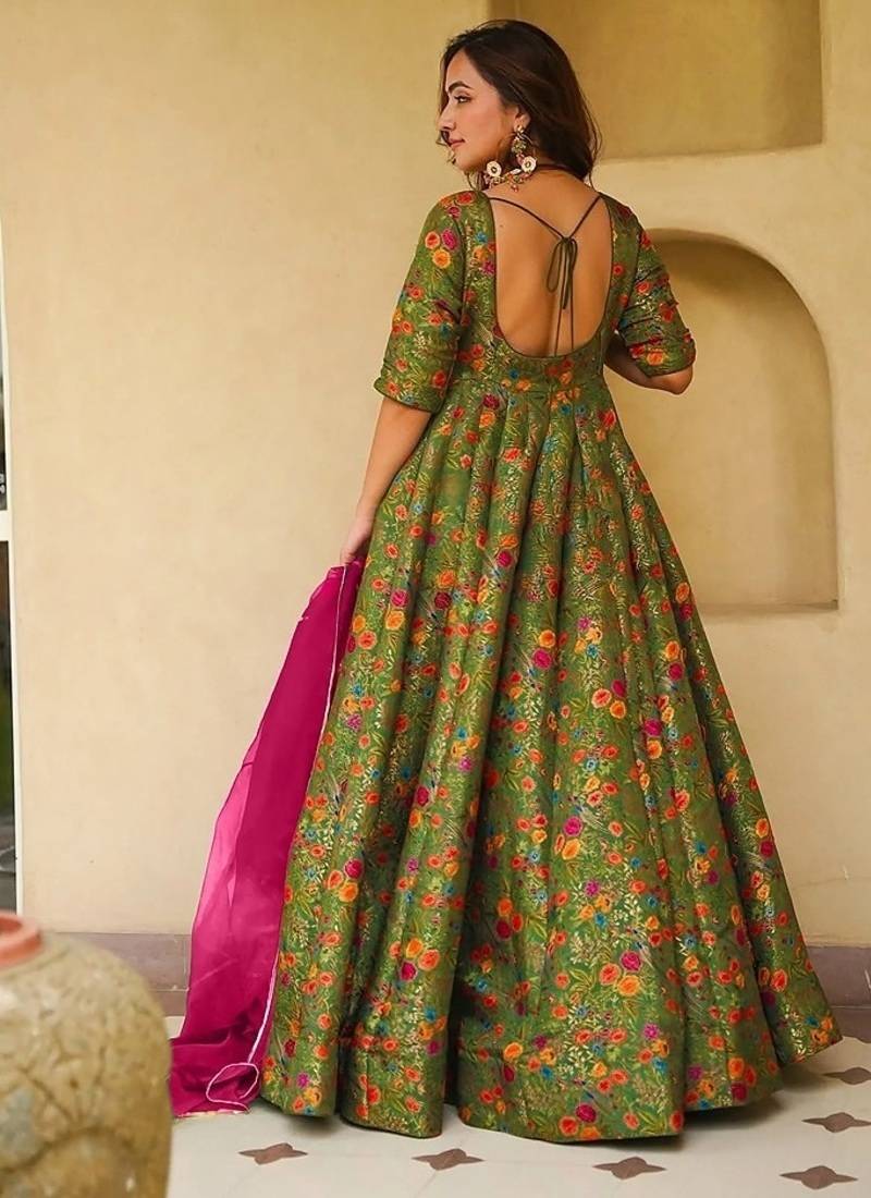 Olive green silk digitally printed party-wear readymade gown with dupatta