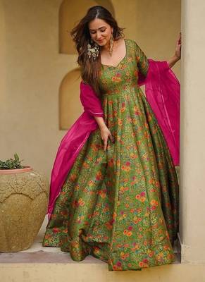 Olive green silk digitally printed party-wear readymade gown with dupatta 5