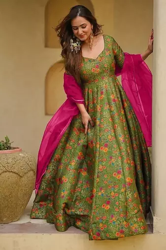 Olive green silk digitally printed party-wear readymade gown with dupatta