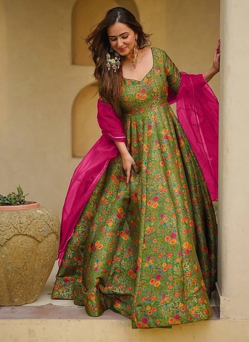 Olive green silk digitally printed party-wear readymade gown with dupatta