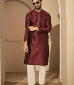 Men’s maroon jacquard embroidered mandarin collar kurta – traditional ethnic wear