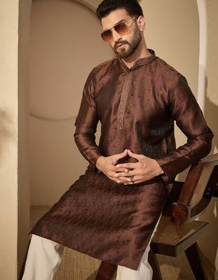 Men’s brown jacquard embroidered mandarin collar kurta – traditional ethnic wear 1