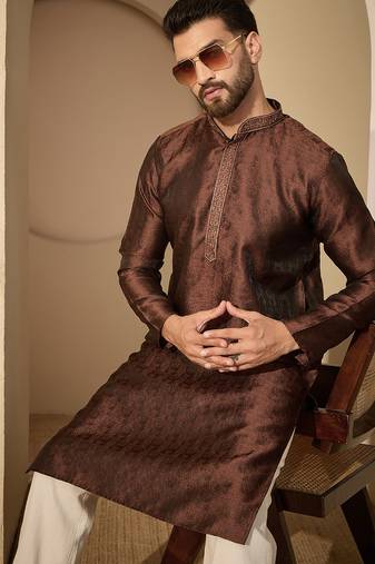 Men’s brown jacquard embroidered mandarin collar kurta – traditional ethnic wear