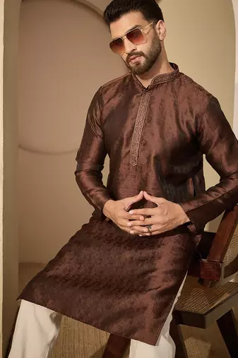 Men’s brown jacquard embroidered mandarin collar kurta – traditional ethnic wear