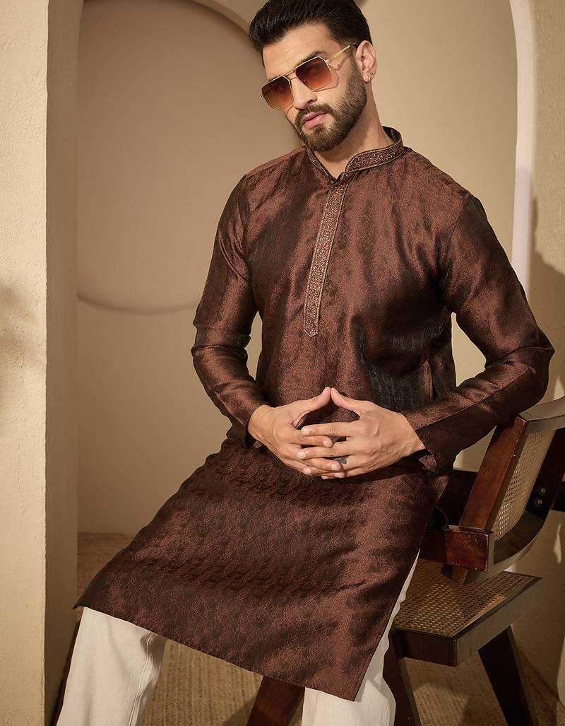 Men’s brown jacquard embroidered mandarin collar kurta – traditional ethnic wear
