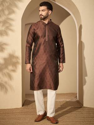 Men’s brown jacquard embroidered mandarin collar kurta – traditional ethnic wear 3
