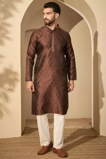 Men’s brown jacquard embroidered mandarin collar kurta – traditional ethnic wear