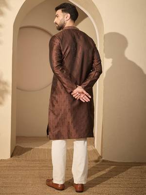 Men’s brown jacquard embroidered mandarin collar kurta – traditional ethnic wear 4