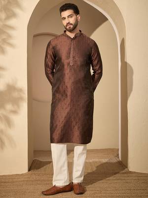 Men’s brown jacquard embroidered mandarin collar kurta – traditional ethnic wear 5