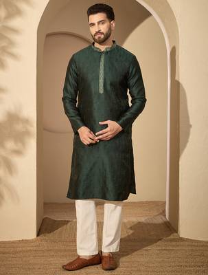 Men’s green jacquard embroidered mandarin collar kurta – traditional ethnic wear 5