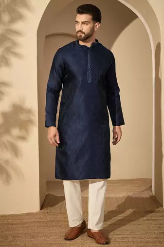Men’s blue jacquard embroidered mandarin collar kurta – traditional ethnic wear