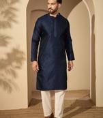 Men’s blue jacquard embroidered mandarin collar kurta – traditional ethnic wear