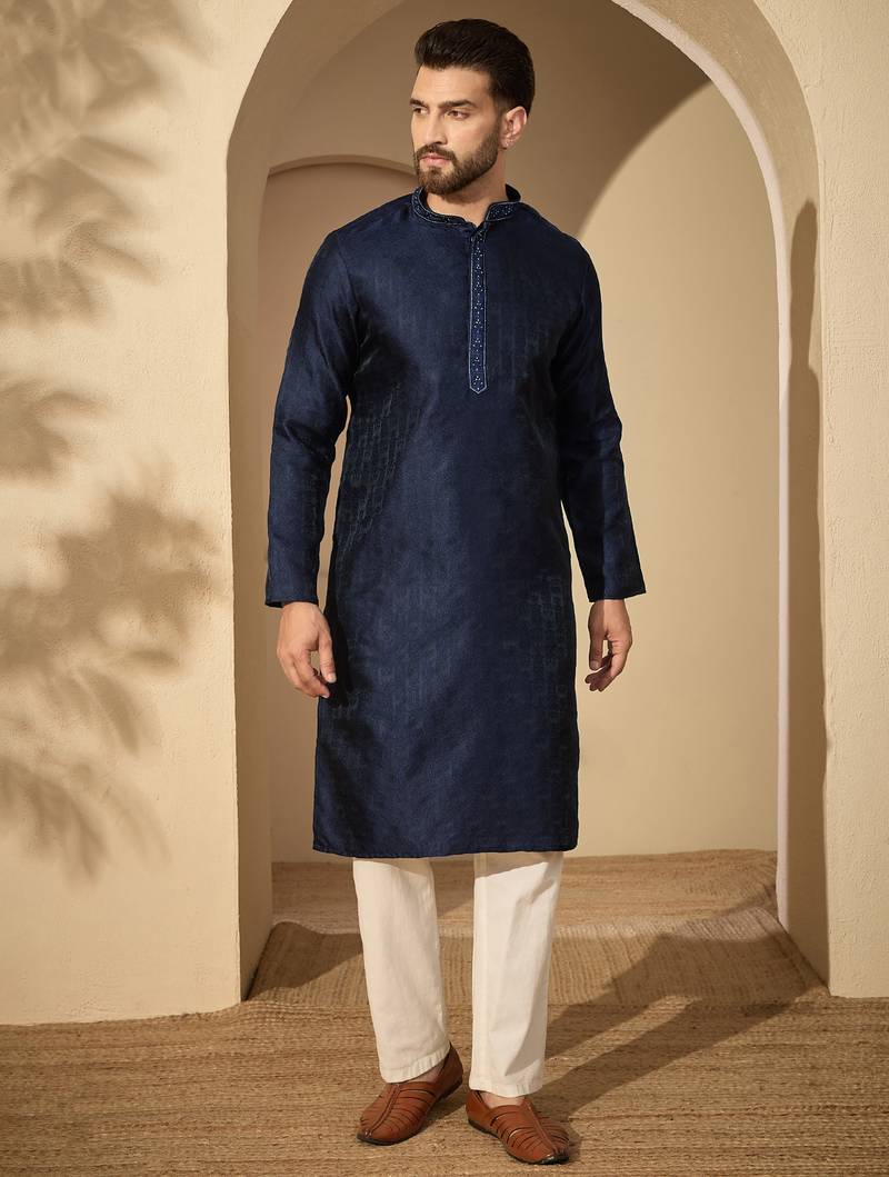 Men’s blue jacquard embroidered mandarin collar kurta – traditional ethnic wear