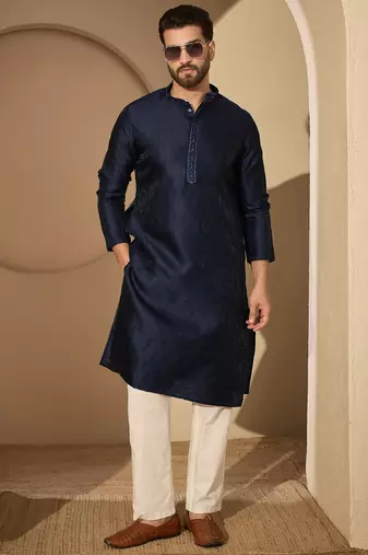 Men’s blue jacquard embroidered mandarin collar kurta – traditional ethnic wear