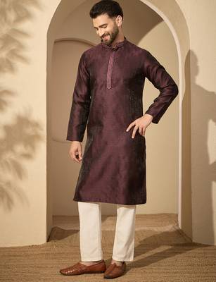 Men’s purple jacquard embroidered mandarin collar kurta – traditional ethnic wear 1