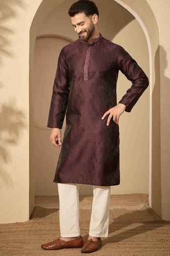 Men’s purple jacquard embroidered mandarin collar kurta – traditional ethnic wear