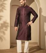 Men’s purple jacquard embroidered mandarin collar kurta – traditional ethnic wear