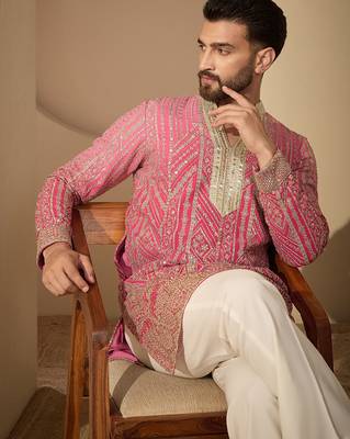 Men’s pink georgette embroidered v-neck kurta – traditional ethnic wear 2