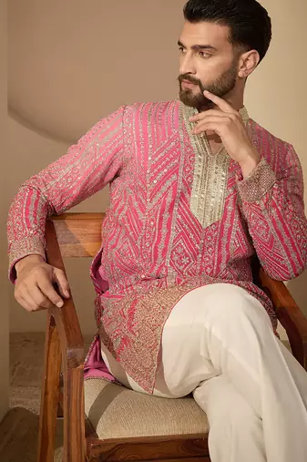 Men’s pink georgette embroidered v-neck kurta – traditional ethnic wear