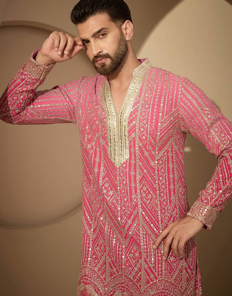 Men’s pink georgette embroidered v-neck kurta – traditional ethnic wear