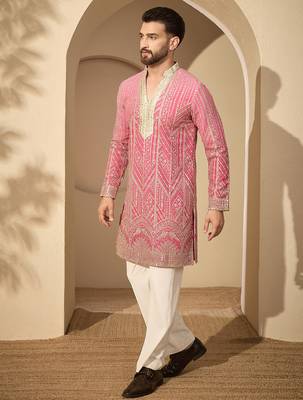 Men’s pink georgette embroidered v-neck kurta – traditional ethnic wear 1