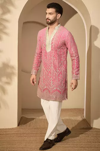 Men’s pink georgette embroidered v-neck kurta – traditional ethnic wear