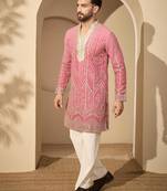 Men’s pink georgette embroidered v-neck kurta – traditional ethnic wear