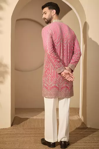 Men’s pink georgette embroidered v-neck kurta – traditional ethnic wear