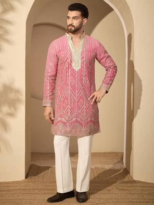 Men’s pink georgette embroidered v-neck kurta – traditional ethnic wear 5