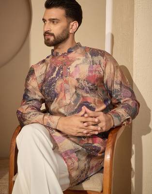 Men’s multi silk blend printed mandarin collar kurta – traditional ethnic wear 1