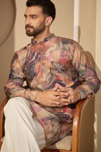 Men’s multi silk blend printed mandarin collar kurta – traditional ethnic wear