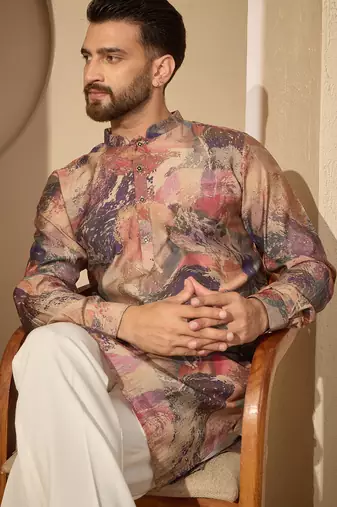 Men’s multi silk blend printed mandarin collar kurta – traditional ethnic wear
