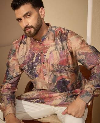 Men’s multi silk blend printed mandarin collar kurta – traditional ethnic wear 2